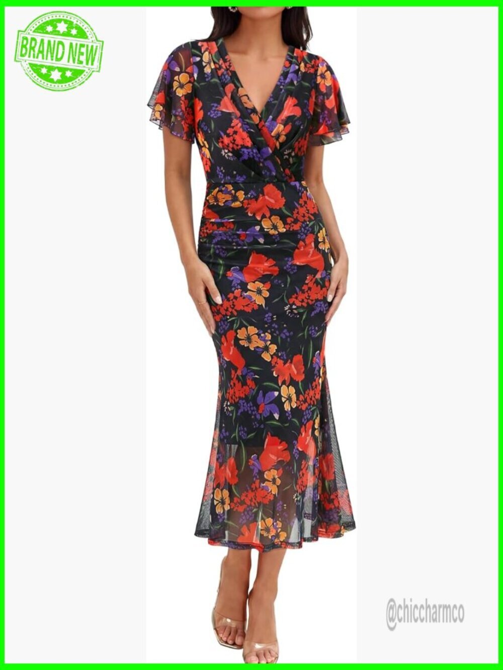 Floral Mesh Maxi Dress Ruched Bodycon Ruffle Sleeve Wedding Guest Cocktail